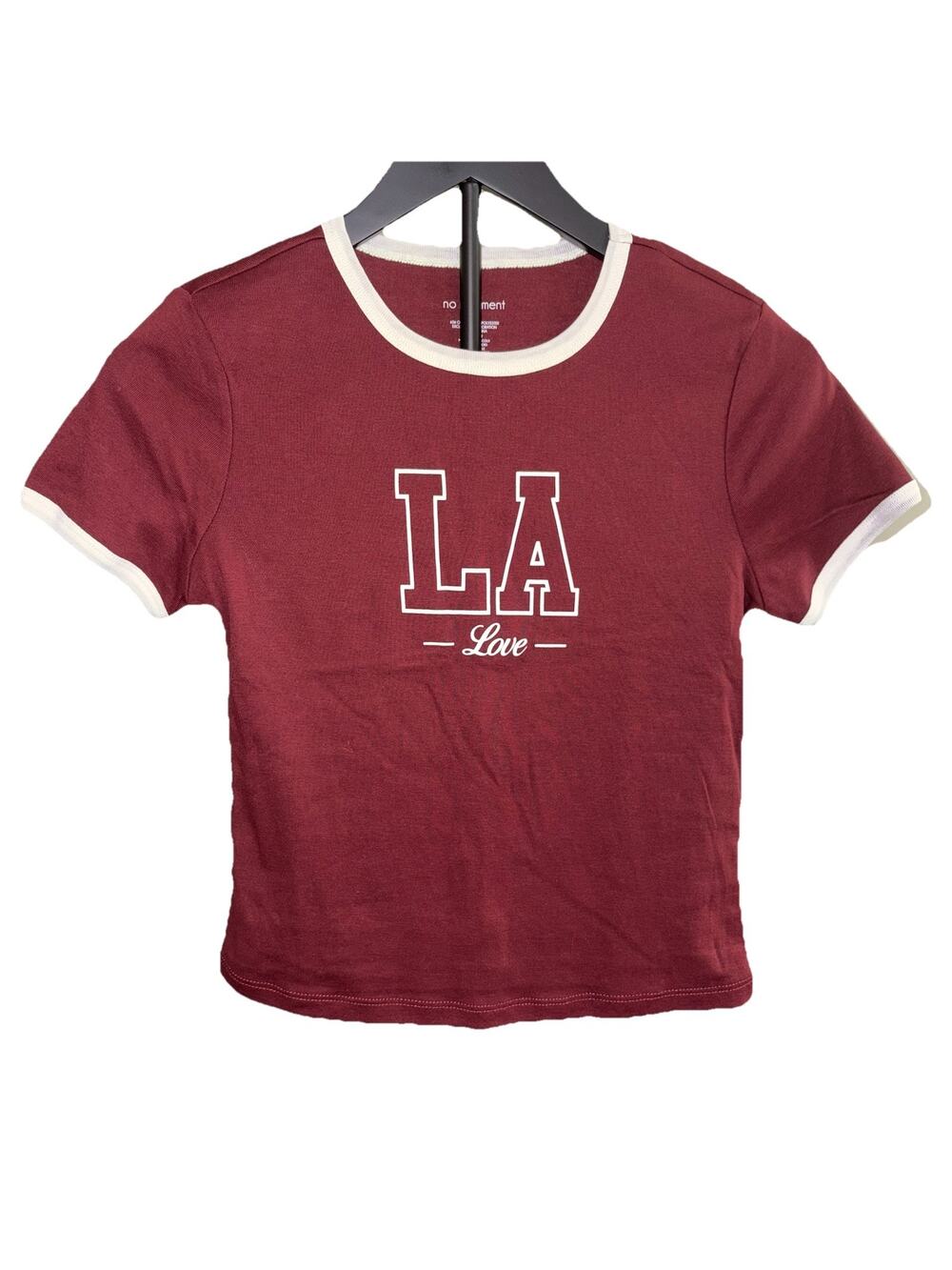 NWT No Comment LA Love Ringer Tee Maroon White Size M Cotton Blend Cropped